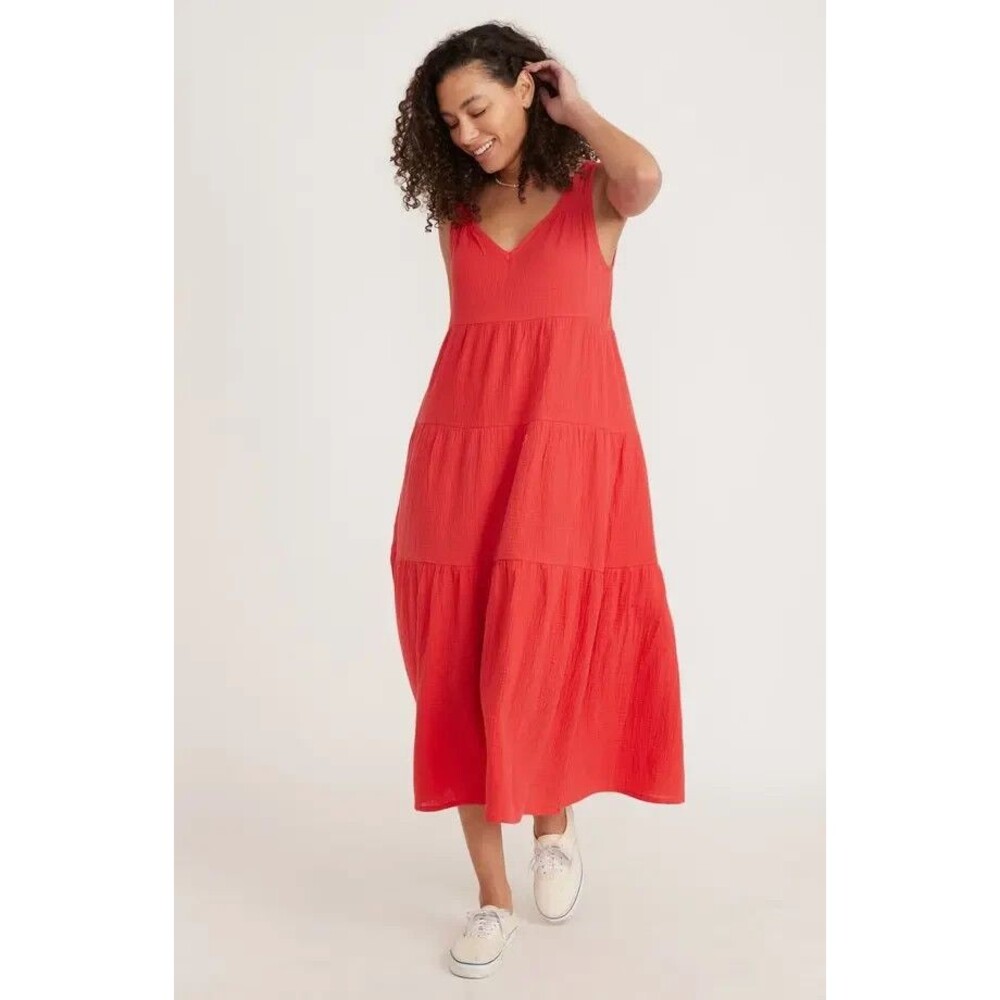 Marine Layer Corinne Tiered Gauze Midi Dress Coral Red Sleeveless Women's XS